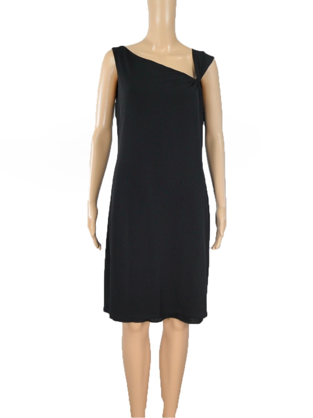 David Meister Chic Black Cocktail Dress Asymmetrical Neckline Knee Midi Length